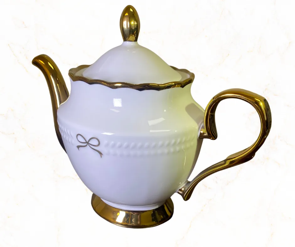 Elegant White Porcelain Teapot with Gold Trim