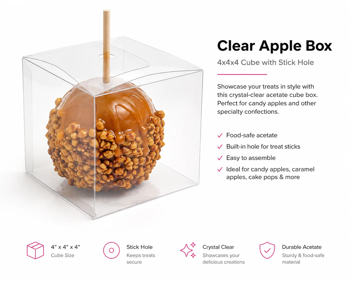 Clear Candy Apple Box 4" x 4" x 4" with Stick Hole – Acetate Treat Box